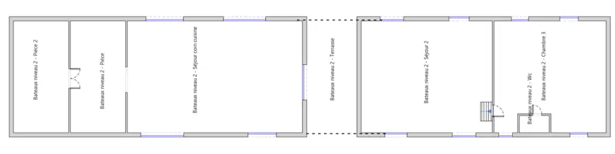 Plan architectural de la péniche, deux lofts en duplex